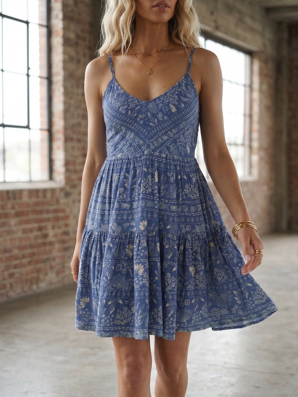 NWT Angie Smocked Bodice Mini Dress Boho Floral Print Festival Style Blue - Picture 6 of 6